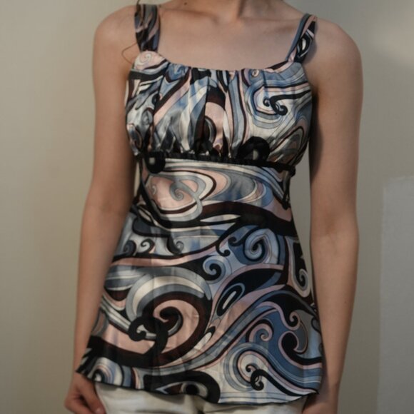Y2K 90s Vintage Abstract Retro Funky Silky Camisole Top w/ Empire Waistline - Picture 1 of 4